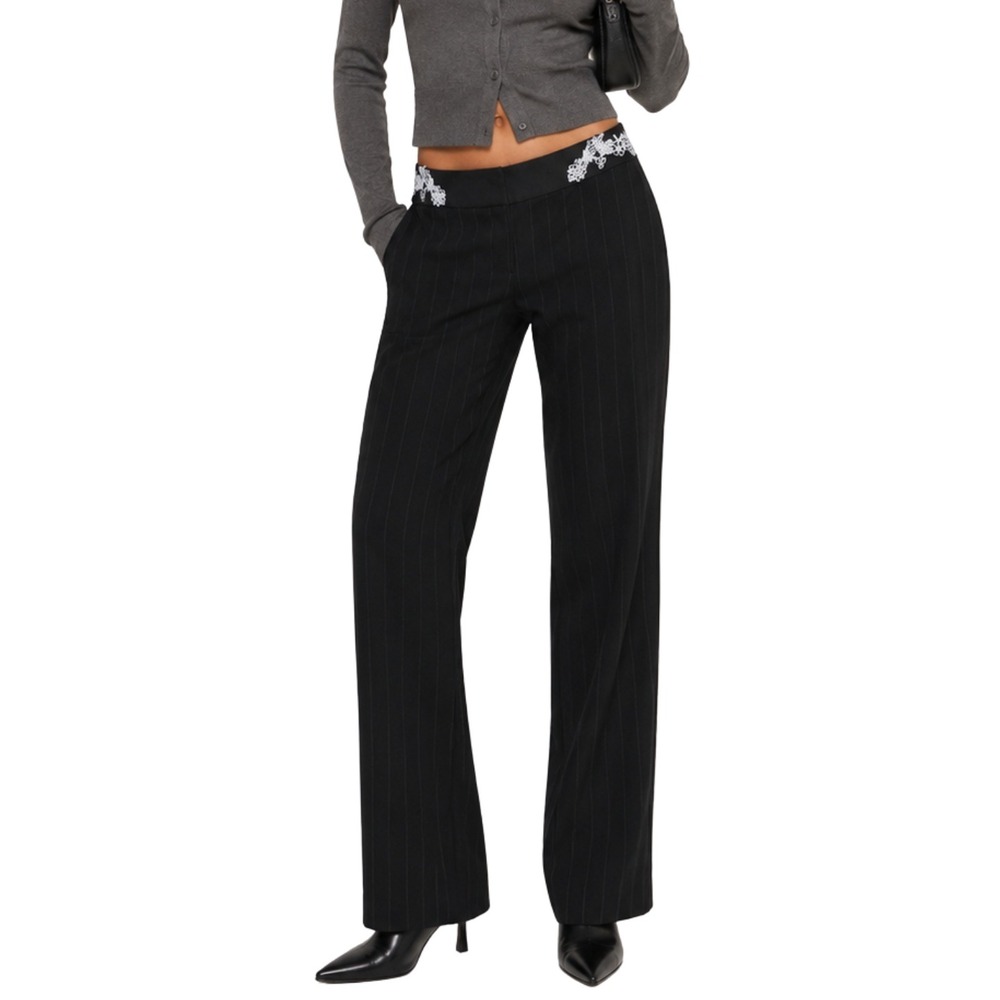 Y2K Office Siren Pinstripe Floral Embroidered Flare Pants INC 4P Black White